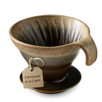 Ceramic Pour Over Coffee Maker - Single-Hole Cone with Curved Handle, Earthy Brown