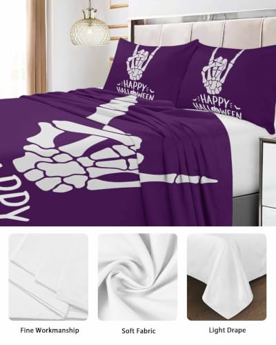 Twin Size Halloween Spooky Skeleton & Pumpkin Microfiber Flat Sheet - Purple