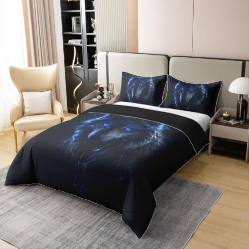 Black Blue Twin Duvet Cover Set for Kids Boys Girls Wildlife Cotton Breathable 2Pcs