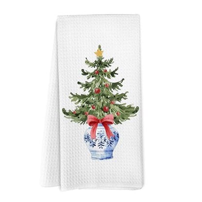 Yorhifa Blue and White Chinoiserie Christmas Tree Kitchen Towels, Red Bow, 16x24 Inches, Variation 8