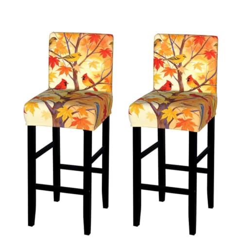 Autumn Tree Birds Bar Stool Covers Set of 2 - Elastic Polyester Protect & Decor