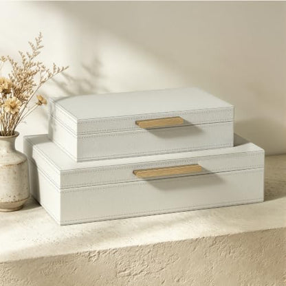 Decorative Storage Boxes with Lids - PU Leather Bins, Ivory White, Set of 2