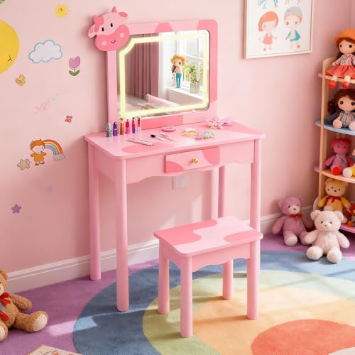 Kids Vanity Set with LED Mirror & Cow Shape - Pink with Cow Pattern