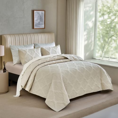 Beige King Size Cotton Quilt Set - 3PC Bedspread with Shams