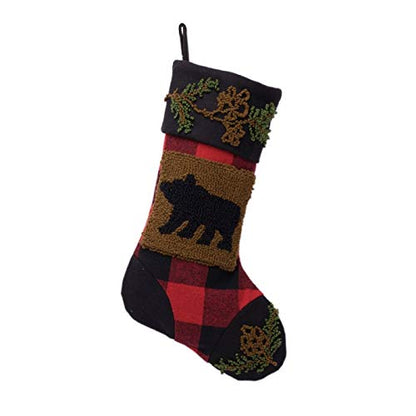 Rug Hooked Bear Christmas Stocking with Plaid Top - Holiday Decor, 18.9 Inch