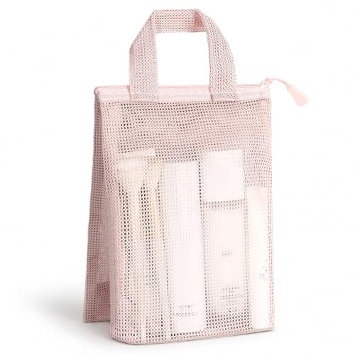 Pink Mesh Shower Bag with Zipper and 3 Pockets - Small Portable Shower Caddy