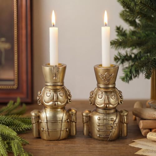 Gold Taper Candle Holders Set - Christmas Nutcracker Soldier Variation