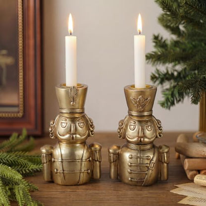 Gold Taper Candle Holders Set - Christmas Nutcracker Soldier Variation