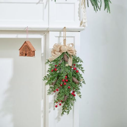 Red 18-Inch Christmas Cedar Swag with Berries Pinecones & Bow - Set of 2