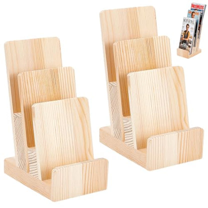 Wooden Brochure Holder Set 2 Pack 3-Tier Desk Literature Racks - Moccasin Finish, 13.3x8.95x19cm