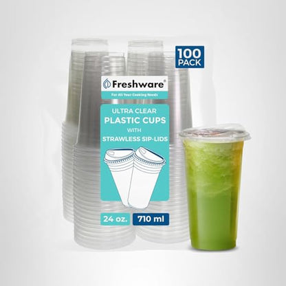 Freshware 24 oz Clear Disposable Plastic Cups with Strawless Sip Lids, 100 Pack Clear Plastic Tumblers, Heavy-duty Party Glasses, Disposable Cups for Thanksgiving, Halloween, Christmas Party