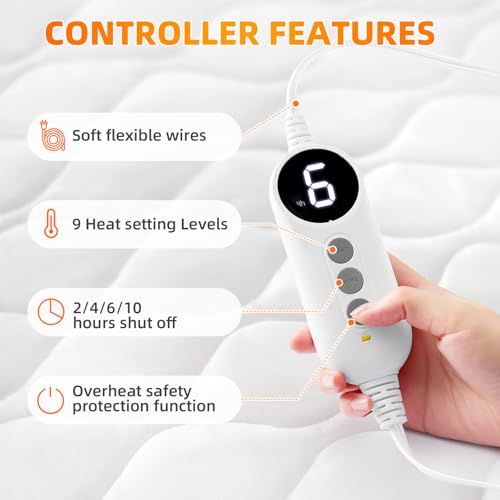 SameBed King Size Heated Mattress Pad White - Quilted Electric Fitted Cover with 9 Heat Settings