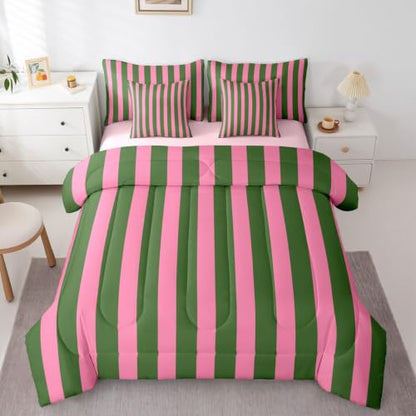 Bubblegum Pink & Green Striped Twin Bedding Set 7 Pieces for Kids & Girls