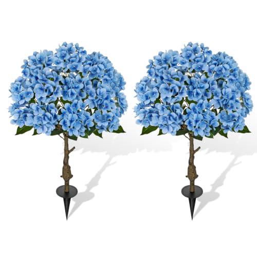 Hydrangea Artificial Tree 3ft Blue Flower with Ground Spikes - Set of 2