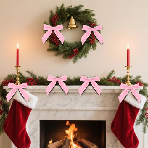Pink Velvet Christmas Tree Bows - Set of 24 Pre-Tied Small Decorations