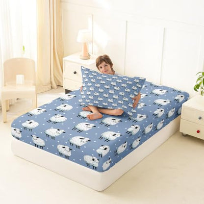 Blue Twin Size Cartoon Sheep Fitted Sheet Set with Pillowcase - Farm Animal Theme Deep Pocket Bedding for Kids Boys Girls Room Decor