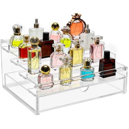 4-Tier Clear Acrylic Perfume Organizer with Drawer and Vanity Stand