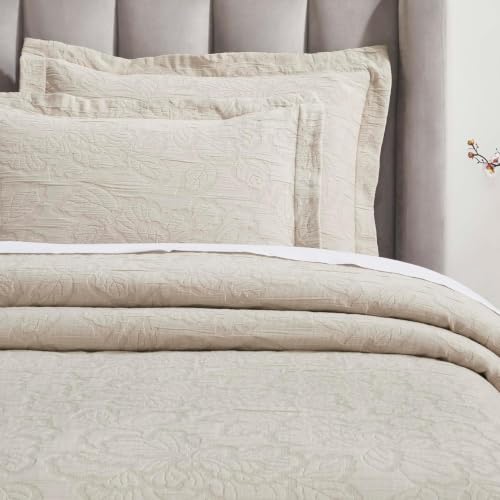 Oversized Cotton Bedspread Set - King / Beige - 3 Piece Decorative Bedding