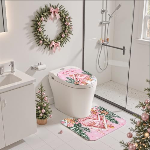 Christmas Shower Curtain Set Pink Gingerbread Holiday Bathroom Decor - 4 Pieces