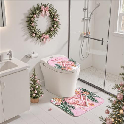 Christmas Shower Curtain Set Pink Gingerbread Holiday Bathroom Decor - 4 Pieces