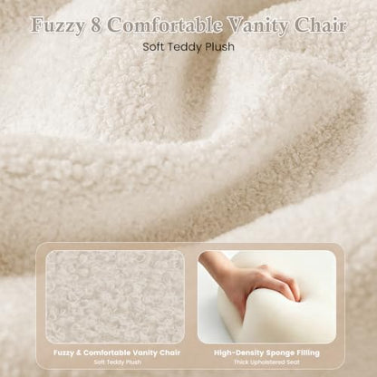 White Vanity Chair with Backrest - Girls Desk & Makeup Stool, Adjustable & Swivel