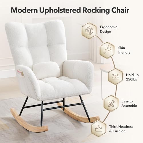 Beige Upholstered Glider Rocking Chair with High Backrest - Ideal for Nursery and Living Room