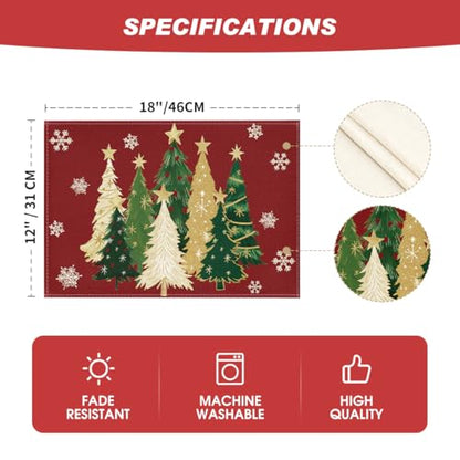 Christmas Placemats Set of 12 - Red Snowflakes & Trees, 12x18 Inches, Seasonal Table Decor
