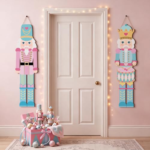 Pastel Christmas Nutcracker Door Sign Set - Pink Wooden Holiday Decorations