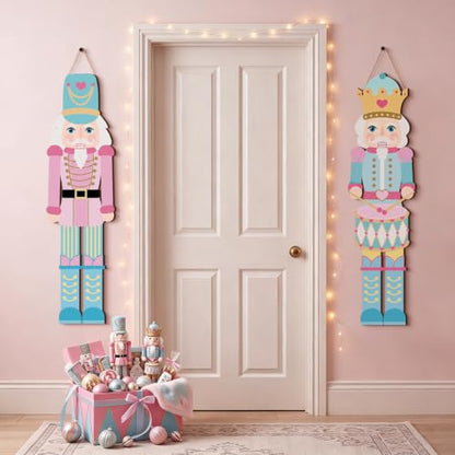 Pastel Christmas Nutcracker Door Sign Set - Pink Wooden Holiday Decorations