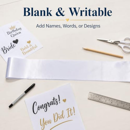 Lightweight Satin Sashes for Events - Blank White Party Decorations 25 Pack