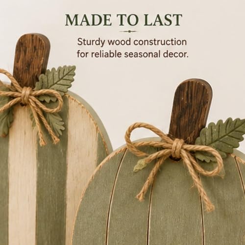Wooden Pumpkin Decor Set - Rustic Fall Autumn Centerpieces, Sage & Cream