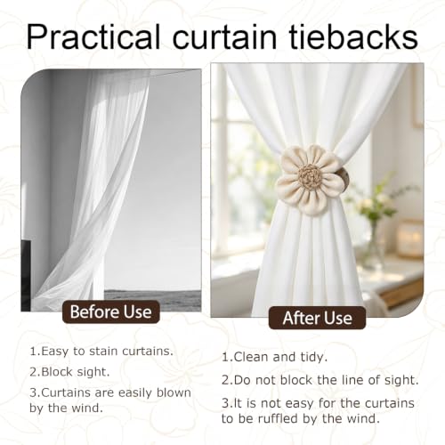 Rustic Boho Curtain Tiebacks & Flower Clips, 2 Pack for Sheer & Light Curtains