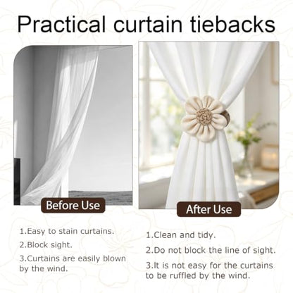Rustic Boho Curtain Tiebacks & Flower Clips, 2 Pack for Sheer & Light Curtains