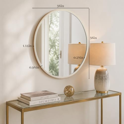 WallBeyond 36 Inch Linen-Texture Round Mirror for Bathroom & Bedroom - White Finish