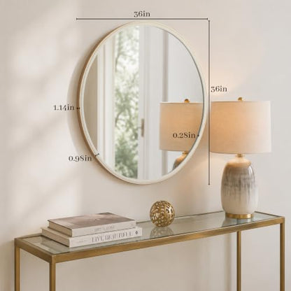 WallBeyond 36 Inch Linen-Texture Round Mirror for Bathroom & Bedroom - White Finish