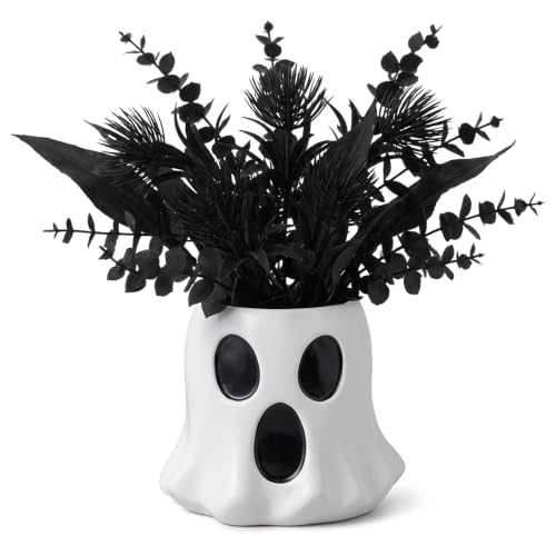 Halloween Ghost Flower Vase Planter with Black Artificial Plant - Variation of Ghost