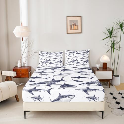 Shark Fitted Sheet Queen Deep Pocket Ocean Life Bedding Set Pattern 105