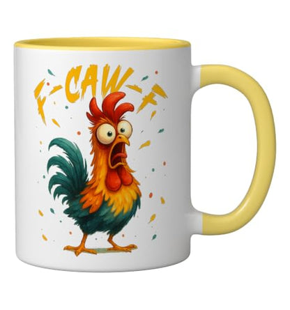 Funny Rooster Ceramic Mug - F Caw F Chicken Whisperer 11oz Yellow/White