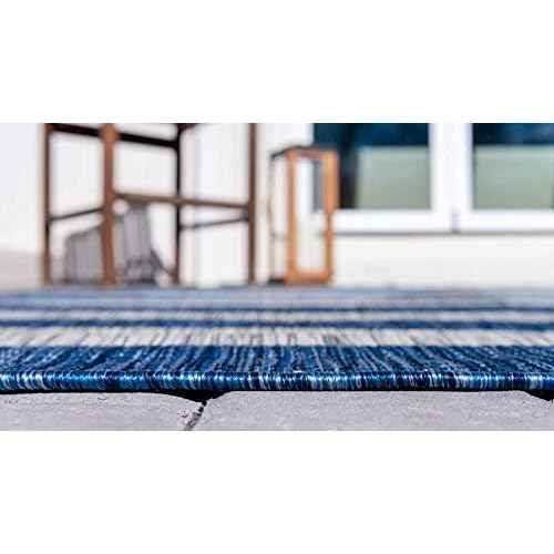 Unique Loom Outdoor Striped Collection Area Rug - Distressed Stripe (4' 1" Round, Blue/ Gray)