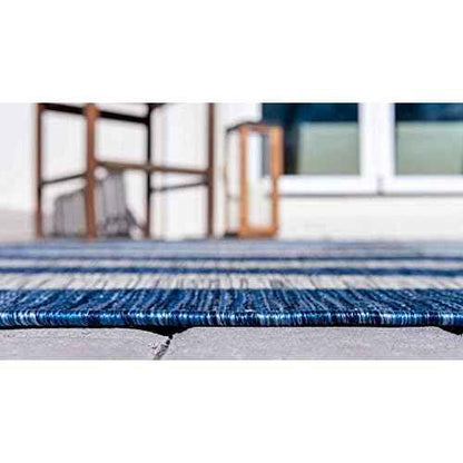 Unique Loom Outdoor Striped Collection Area Rug - Distressed Stripe (4' 1" Round, Blue/ Gray)