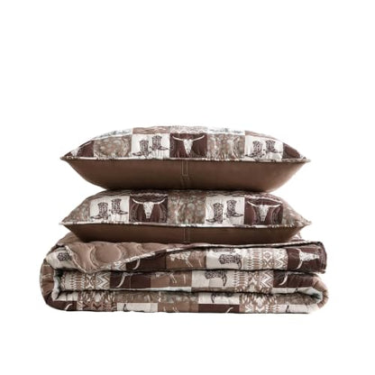 Queen Reversible Quilt Set with Matching Shams - Western Patch Design, Fall Brown