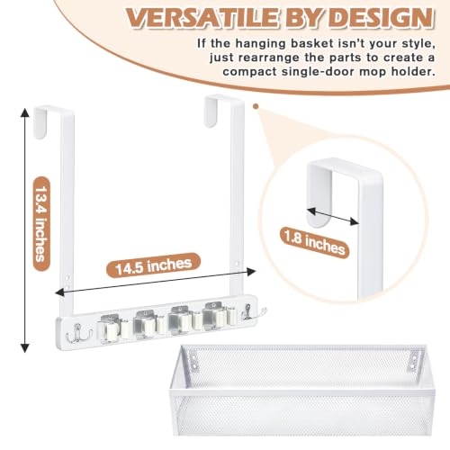 Over the Door Broom and Mop Holder with Adjustable Metal Basket Wall Mount