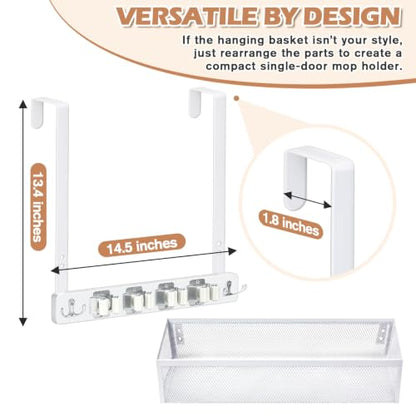 Over the Door Broom and Mop Holder with Adjustable Metal Basket Wall Mount