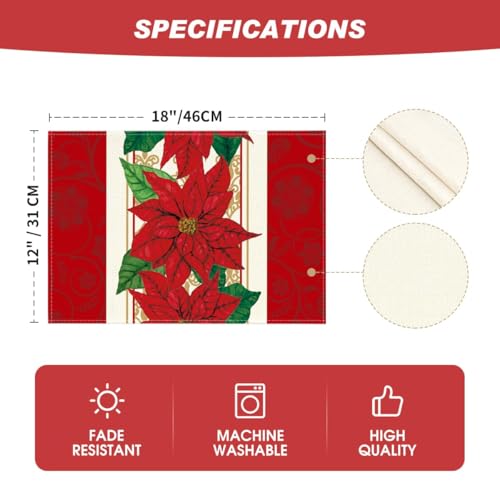 Watercolor Poinsettia Christmas Placemats Set of 4 - 12x18 Inch Seasonal Table Decor