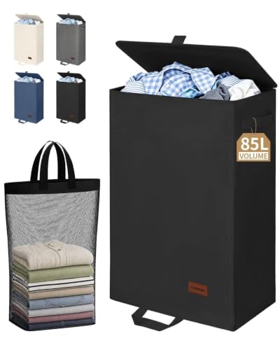 85L Laundry Hamper with Lid - Large Clothes Basket, Black - Variation of Black / 85L