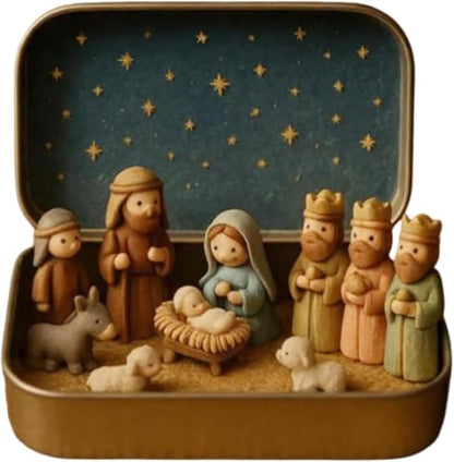 Mini Nativity Scene Set in Tin Box - Religious Christmas Decoration - 1 Piece Variation A
