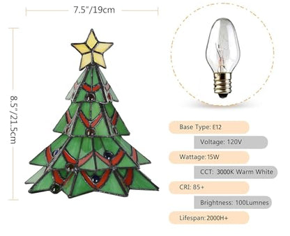 Tiffany Style Stained Glass Accent Table Lamp for Home Decor, Christmas Tree, 7.5 inch