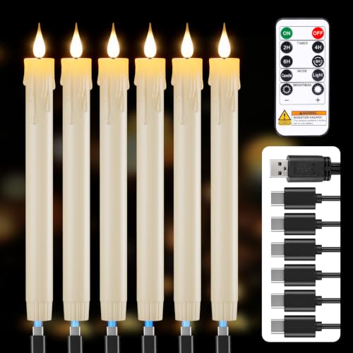 Ivory Rechargeable Flameless Taper Candles Set of 6 with Remote