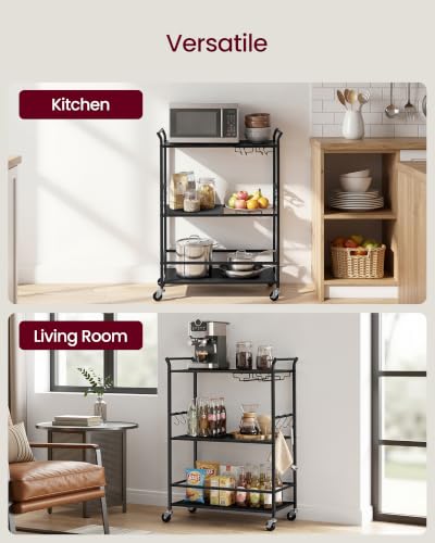 VASAGLE Black Matte Bar Cart with Wheels, Wine Rack & Glass Holder - 12.6"W