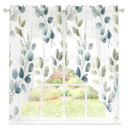 Blue Botanical Swag Curtains Set - 2 Panels 28x36 Inches, Summer Semi-Sheer Valance for Kitchen & Living Room - Variation: Blue / 28"W x 36"L